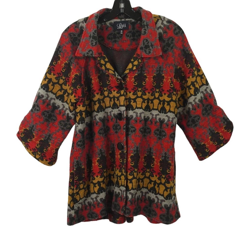 Luii Button Front Cardigan Womens M Wool Blend Slit Pockets Tab Half Sleeve